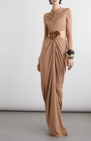 Cutout Waist Long Sleeve Jersey Gown