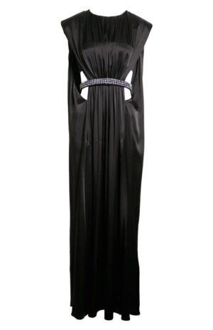 Crystal Embellished Cutout Pleated Satin Maxi Dress