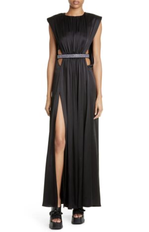 Crystal Embellished Cutout Pleated Satin Maxi Dress